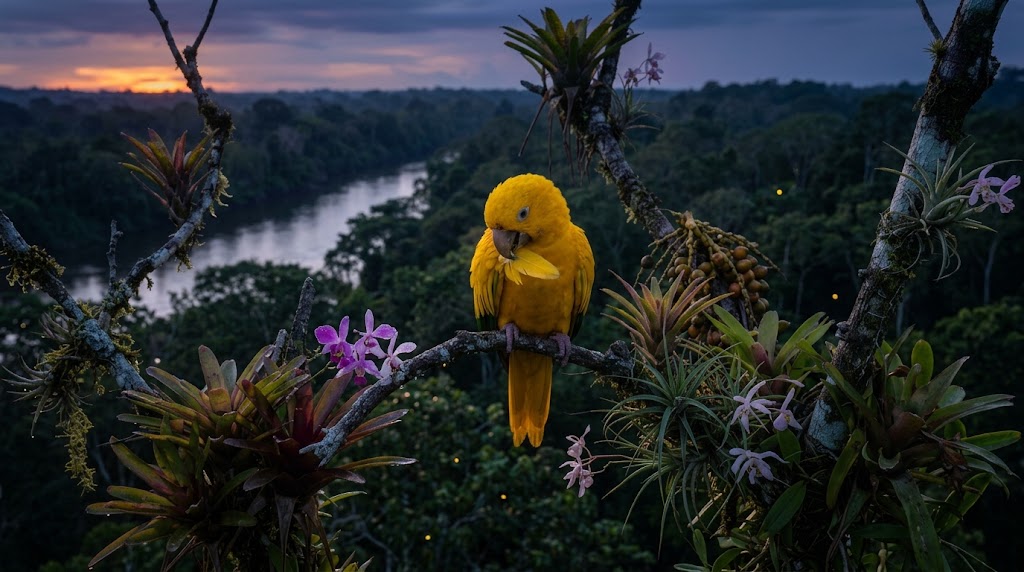 A golden conure perched in the rainforest at dusk