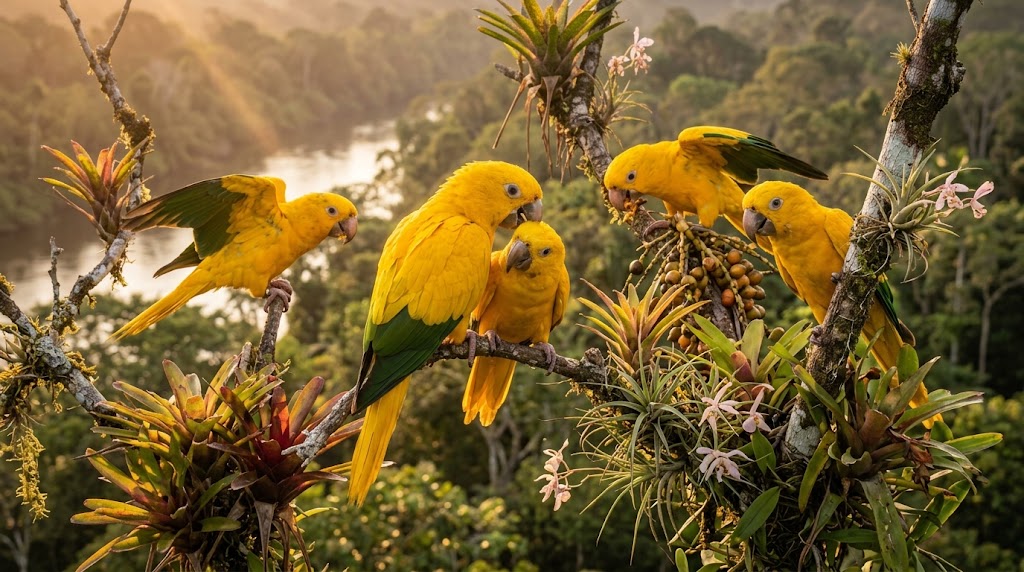 A group of golden conures gathered among flowering branches above a river