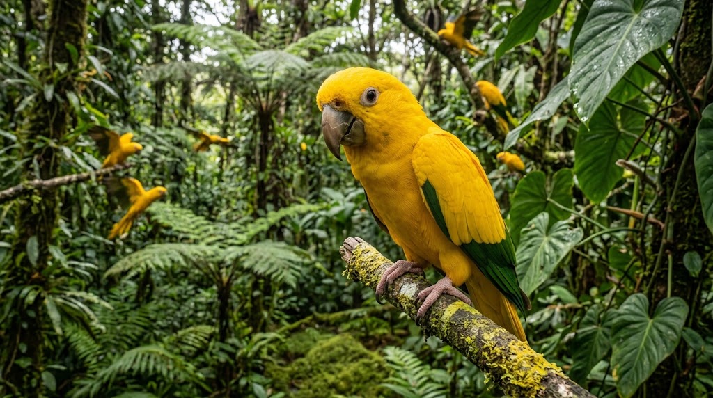A golden conure perched on a branch surrounded by rainforest foliage